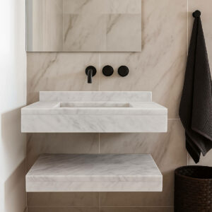 Lavabo suspendue avec etagere en marbre Blanc LMEB100