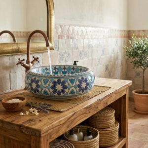 Vasque Artisanale Motif Bleu Azur en céramique Ø 41cm