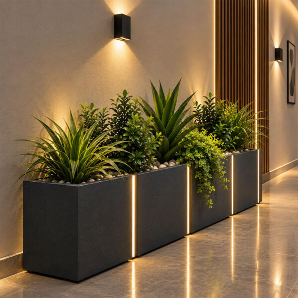 Bac à fleurs Rectangulaire en GFRC modèle STRIPE120cm couv led