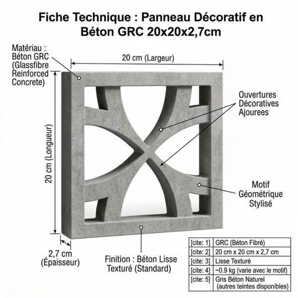 Claustra Béton GRC Motif Arcs Croisés Réf CL25 fiche technique